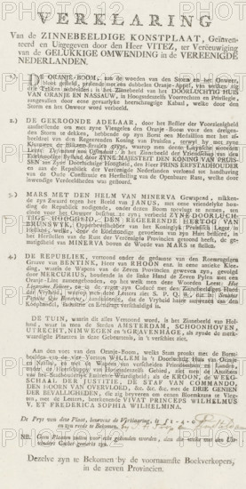 Explanation accompanying the Allegory on the Restoration of Stadtholder William V, 1787, Explanation of the Symbolic Artwork, Invented and Published by Mr. Vitez, for the Perpetuation of the Happy Turning Point in the United Netherlands, text sheet, Text sheet with an explanation of the representation of the print with the allegory on the restoration of Stadtholder William V in 1787. Explanation in four points followed by the prices of the various editions of the print. At the bottom, the name of a publisher, Trop, is written in pen., inscription: 'by JH Trop te Amsteldam', publisher: Joseph Vitez, Northern Netherlands, bookseller (person): JH Trop, Amsterdam, bookseller (person), paper, letterpress printing, text in letterpress, height 447 mm x width 260 mm, Person, William V (Prince of Orange-Nassau), Charles William Ferdinand Duke of Brunswick-Wolfenbüttel, William Gustav Frederick Bentinck of Rhoon, Restoration of Stadtholder William V (1787), Period, A single sheet of aged paper p...