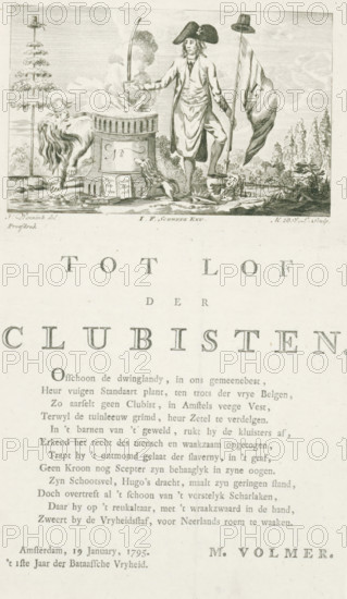 In Praise of the Clubists, Membership Certificate of the Clubists, 1795, print, membership certificate, Membership Certificate of the Amsterdam Clubists, January 19, 1795. A Batavian wearing a cocked hat and cockade, just like the classical hero Mucius Scaevola, holds his right hand with a saber in the fire on an altar. In his other hand, he holds a banner with an unfilled Lr. On the altar is the unfilled No., to indicate the club to which the patriot belonged. Furthermore, the Dutch Lion, a Keeshond, a book on the Rights of Man, and an enemy upon whom the patriot sets his foot. On the leaf below the plate a twelve-line verse., printmaker: Monogrammist MBVL, after drawing by J. Wennink, publisher: JF Schwepe, writer (clerical worker): M. Volmer, writer (clerical worker), paper, etching, engraving, letterpress printing, etching and engraving, with text in letterpress, height 102 mm x width 150 mm, height 253 mm x width 150 mm, Gaius Mucius Scaevola before Porsena: he thrusts his right h...