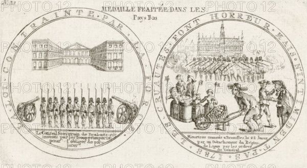 Medal in honor of the victims killed in Brussels on January 22, 1788, Medal struck in the Netherlands, Brabant Revolution, 1787-1790, print, 1788. On the obverse: a battalion of soldiers in front of the building where the States of Brabant are meeting, reverse: Austrian soldiers firing on innocent civilians on the Grand Place in Brussels, January 22, 1788. Numbered top left: No. 21. Part of a large group of prints relating to the events of the Brabant Revolution and the period 1787-1790., printmaker, Southern Netherlands, paper, etching, engraving, height 87 mm x width 160 mm, Two circular medallion illustrations appear side by side on a textured pale background. The left medallion shows a central building with a classical facade flanked by two rectangular multi-story wings, a row of standing soldiers in uniform holding long spears in front of the building, and cannons positioned near the edges; faint horizontal lines and shading define the ground and architectural details. The right m...