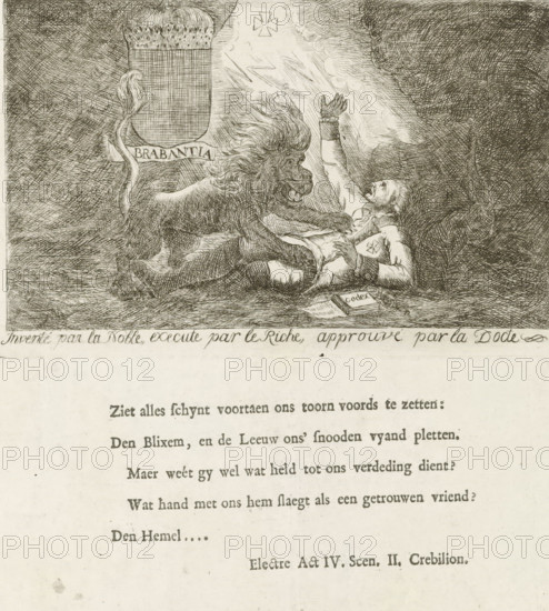 Brabant lion attacks Emperor Joseph II, Brabant Revolution, 1787-1790, cartoon, print, The Austrian Emperor Joseph II lying on the ground is attacked by a ferocious Brabant lion. With a one-line caption. On the sheet below the image, a five-line quote from the play Electra in Dutch. Part of a large group of prints relating to the events of the Brabant Revolution and the period 1787-1790., printmaker, Southern Netherlands, paper, etching, engraving, letterpress printing, engraving and book printing, height 271 mm x width 344 mm, Person, Joseph II (German Emperor), beasts of prey, predatory animals: lion, Brabant, Period, 1787 - 1790, A detailed black and white etching shows a large lion attacking a reclining man; the lion has a flowing mane, open mouth, and paws pressing on the man's torso, while the man lies on his back with one arm raised and the other clutching his chest, his face turned upward. To the left of the scene a shield with decorative elements and a banner is visible, and a...