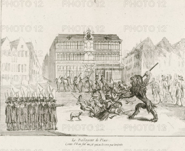 The Street Sweeper, Brabant Lion sweeps the square clean of soldiers, Brabant Revolution, 1787-1790, cartoon, print, The Brabant Lion sweeps a square clean of soldiers. In the background the Maison du Roi (precursor to the current Bread House) on the Grand Place in Brussels. Related to September 1, 1788. Part of a large group of prints relating to the events of the Brabant Revolution and the period 1787-1790., printmaker, Southern Netherlands, paper, etching, engraving, height 174 mm x width 210 mm, A detailed pen-and-ink scene shows a large ornate building with tall windows and decorative roof elements centered in the background, flanked by rows of gabled buildings. In the foreground a group of uniformed soldiers stand in formation to the left, wearing hats and long coats and carrying long poles, while another group of soldiers and figures in varied poses occupy the central area, some climbing or falling and holding pole-like weapons. To the right a large lion stands on its hind legs ...