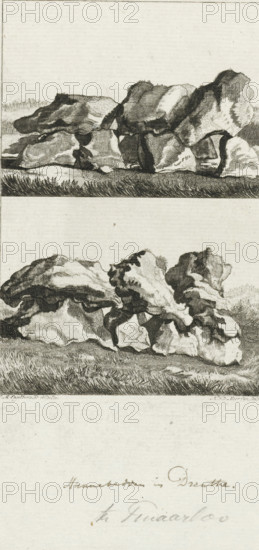 Megalithic tombs near Tinaarlo, print, historical object representation, Megalithic tombs near Tinaarlo., printmaker: Noach van der Meer (II), Netherlands, after drawing by Engelbertus Matthias Engelberts, 1788 - 1790, paper, etching, height 235 mm x width 151 mm, Illustration for: EM Engelberts, De aloude staat en geschiedenissen der Vereenigde Nederlanden, Johannes Allart, Amsterdam 1784-1799, vol. III, p. 162. State before the letter., prehistoric grave forms, prehistory, megalithic tomb, Tynaarlo, A vertical print shows two separate horizontal scenes stacked one above the other, each depicting a cluster of large irregular rocks resting on grassy ground; the rocks are rendered with dense parallel and cross-hatched lines creating strong light and dark contrasts and varied textured surfaces, while the grass beneath them is drawn with fine linear strokes; the upper scene features a long, low grouping of rocks with a clear horizon line and some distant low vegetation, and the lower scen...