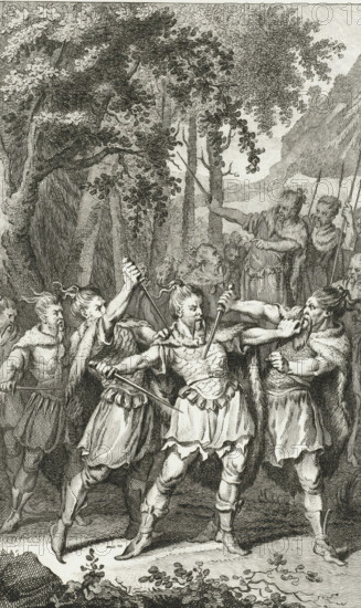 Murder of the Germanic general Arminius, 19, print, historical print, The Germanic general Arminius, leader of the Cherusci tribe, is murdered in 19 (according to FM in the year 17) by members of his own tribe., printmaker: Reinier Vinkeles (I), Netherlands, after drawing by Jacobus Buys, 1786, paper, etching, height 235 mm x width 150 mm, Illustration for: Jacobus Kok, Vaderlandsch Woordenboek, Johannes Allart, Amsterdam 1785-1799, 35 volumes, vol. IV, pl. II. Appears before the letter., Person, Arminius (general), attempt, political murder, extinct, 'historical' peoples (with NAME), Roman period in the Netherlands, A detailed black and white engraving shows a group of men in historical clothing engaged in a violent struggle in a wooded landscape; several men in short tunics and cloaks with tied-up hair grasp and stab at one another with short swords or spears while one man in the center receives multiple thrusts and leans back with a grimacing expression; behind them other figures st...