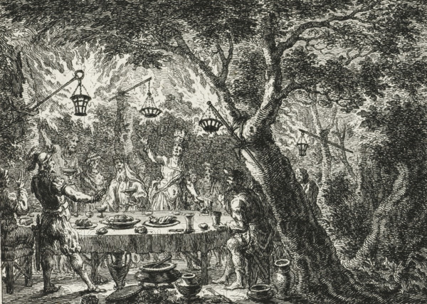 Revolt of Civilis against the Romans, 69-70, print, historical print, Claudius Civilis calls for a revolt against the Romans. During a feast in the forest., printmaker: Simon Fokke, Netherlands, 1725 - 1784, paper, etching, height 85 mm x width 117 mm, Illustration possibly for a play about Claudius Civilis. Located before the letter, Person, Gaius Julius Civilis, extinct, 'historical' peoples (with NAME), Batavian Revolt, Period, 69, A detailed black and white ink scene shows a long outdoor table set with plates, bowls, cups, and serving vessels, with people gathered around it in varied poses; some figures are seated while others stand, one figure lifts an arm, another leans forward over the table, and several wear long garments and head coverings. Above the table, hanging lanterns are suspended from angled poles attached to branches, and a large tree with textured bark and a spreading canopy dominates the right side of the image. The background is filled with dense foliage and patter...