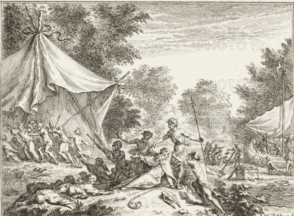 Bonifatius murdered at Dokkum, 754, print, historical print, Bonifatius murdered at Dokkum on June 5, 754., printmaker: Simon Fokke, Northern Netherlands, after design by, 1722 - 1750, paper, etching, height 91 mm x width 105 mm, Illustration for an unknown work, later reused in: JW te Water, The National History of Mr. J. Wagenaar, abridged, and with instructive remarks, for the service of Dutch youth, 1784-1800, 4 volumes. Pl. VII, page 88. Appears before the letter., Person, Boniface, martyrdom, suffering, misfortune, death of St. Boniface, Boniface murdered at Dokkum, Dokkum, Period, 754-06-05, A detailed black and white ink scene shows a group of people on a shoreline with tents and boats. On the left a large tent with fabric folds and ropes is pitched beneath trees, and several figures near the tent gesture and pull at poles. In the center foreground a mix of seated and standing figures interact, some holding long spears or staffs and others reaching or pointing, with draped garm...
