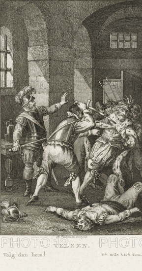 Murder of Floris V, 1296, print, historical print, Gerard van Velzen murders Count Floris V., printmaker: Reinier Vinkeles (I), Netherlands, 1751 - 1816, paper, etching, height 254 mm x width 171 mm, According to inscription illustration for an (unknown) play: Velzen: Follow him then! V.the act, VII.the tone. State with the letter, Person, Gerard van Velzen, Floris V (Count of Holland and Zeeland), violent death, being killed, being mishandled and maltreated, seeking death, History of Floris V and Gerard van Velzen, Period, 1296-06-27, A detailed black and white engraving shows a stone interior with arched doorways and barred windows. In the foreground a fallen man lies face up on the floor with one arm outstretched and a helmet beside him. Three standing figures in period clothing and armor are clustered centrally; one man with a feathered helmet holds a sword and gestures with an open hand, another leans forward gripping a dagger and appears to be striking or restraining a bearded ma...