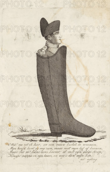 Napoleon in a boot, 1813, cartoon, print, Caricature of Napoleon in a boot, 1813. With four-line caption., printmaker, Netherlands, paper, etching, height 145 mm x width 102 mm, Person, Napoleon I (Emperor of the French), political caricatures and satires, military clothing and other equipment (uniforms, cap, armor, helmet, etc.), boots, Napoleonic Wars, Period, A tall boot drawn in a stippled engraving style with a human head and shoulders emerging from the top, the head in profile wearing a bicorn hat and a high-collared military coat with an epaulette, the boot rendered with dense crosshatching and standing on a simple ground line with short tufts of grass, the background a worn paper with stains, creases, and smudges.