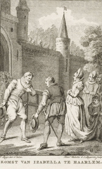 Arrival of Isabella in Haarlem, 1444, print, historical print, Arrival of Isabella of Portugal, wife of Philip the Good, Duke of Burgundy, in Haarlem in 1444 to quell the rebellion between the Hooks and the Cods., printmaker: Reinier Vinkeles (I), Netherlands, printmaker: Cornelis Bogerts, after design by Jacobus Buys, 1780 - 1795, paper, etching, height 99 mm x width 73 mm, Illustration for: J. Fokke, Histories of the United Netherlands for the Fatherland's Youth, Johannes Allart, Amsterdam 1783-1795, 25 volumes, vol. III, pl. I. State with the letter., Person, Philip III the Good, Isabella of Portugal, Hook and Cod Wars, Haarlem, Period, An etching shows a group of people standing before a large stone wall and a gate with towers; the foreground features two men facing each other, both holding hats, one slightly bowing and the other leaning forward with a hand near his chest, dressed in period clothing with doublets, breeches, and ruffled collars, and swords at their sides. To the rig...