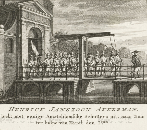 Hendrick Jansz. Ackerman marches out of the city with a company of musketeers, Henrick Janszoon Akkerman, marches out with some Amsterdam musketeers, to Nuis in aid of Charles the First, print, historical print, marches out with some Amsterdam musketeers to Nuis in aid of Charles the Bold, 1474. A company of musketeers marches out of the city through a city gate., printmaker: attributed to Barent de Bakker, Northern Netherlands, after drawing by Hermanus Petrus Schouten (attributed to), 1780 - 1782, Attributed to, paper, etching, height 119 mm x width 146 mm, Print possibly from: Ollefen, Lieve van. Concise description of Amsterdam, suitable for the education of youth. Amsterdam: Jan Barend Elwe, 1782., Person, Charles the Bold (Duke of Burgundy), Hendrick Jansz. Ackerman, Burgundian period in the Netherlands, Amsterdam, North Rhine-Westphalia, Neuss, Period, 1474 - 1475, A detailed black and white engraving shows a group of uniformed soldiers marching across a wooden drawbridge attach...