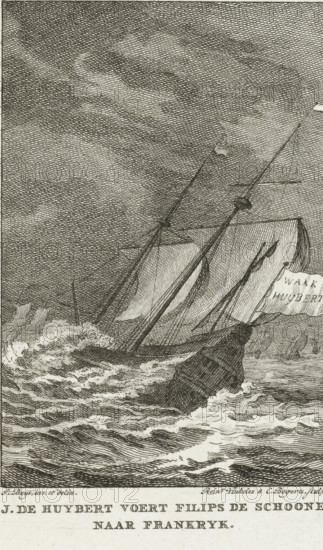 J. de Huybert sails Philip the Fair to France, J. de Huijbert sails Philip the Fair to France, 1506, print, historical print, 1506. Ship in a storm at sea, with banner: Watch Huybert., printmaker: Reinier Vinkeles (I), Netherlands, printmaker: Cornelis Bogerts, after drawing by Jacobus Buys, 1780 - 1795, paper, etching, height 127 mm x width 100 mm, Illustration for: J. Fokke, Histories of the United Netherlands for the Fatherland Youth, Johannes Allart, Amsterdam 1783-1795, 25 volumes, vol. III, pl. III. State with the letter., Person, Philip the Fair (Duke of Burgundy), J. de Huijbert, storm at sea, The Netherlands under the Habsburgs, Period, An engraved scene shows a sailing vessel listing heavily to one side amidst choppy waves, with its sails billowing and rigging lines visible; the sky above is filled with dense crosshatched clouds, and the sea surface is depicted with swirling foam and textured waves, while fragments of other masts and ship structures appear in the background.