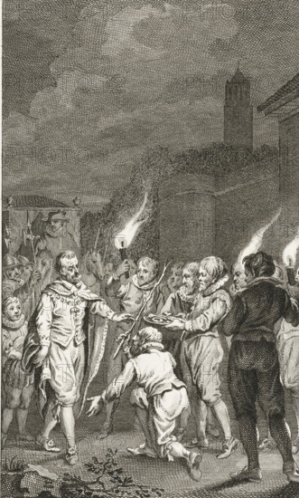 Emperor Charles V welcomed into Utrecht, 1540, print, historical print, Emperor Charles V is welcomed as lord in Utrecht in 1540 by the light of torches and offered the rod of justice and the keys of the city., printmaker: Reinier Vinkeles (I), Netherlands, after drawing by Jacobus Buys, 1789, paper, etching, height 238 mm x width 154 mm, Illustration for: Jacobus Kok, Vaderlandsch Woordenboek, Johannes Allart, Amsterdam 1785-1799, 35 volumes, vol. XXI, pl. III. Stands before the letter., Person, Charles V (Holy Roman Emperor and King of Spain), triumphal entry and public reception, pageant, 'entrée solennelle', 'joyeuse entrée', The Netherlands under the Habsburgs, Utrecht, Period, 1528, A crowded night scene rendered in fine linear engraving shows a group of men gathered outdoors beneath a cloudy sky, with a tall tower and dense foliage visible in the background; several figures hold torches that cast bright flames, illuminating faces and clothing. In the foreground a man wearing a c...