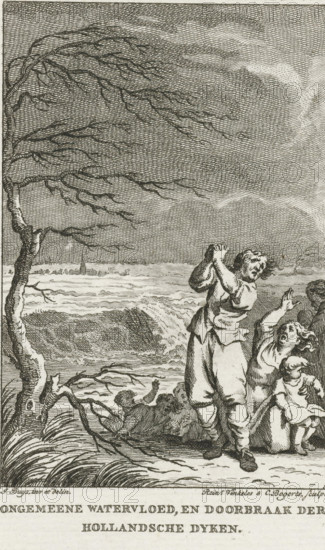 Uncommon flood, and breach of the Dutch dikes, Dike breach, 1530, print, historical print, Dike breach and flood, November 5, 1530. Flood with pleading victims of the disaster in the foreground., printmaker: Reinier Vinkeles (I), Netherlands, printmaker: Cornelis Bogerts, after drawing by Jacobus Buys, 1780 - 1795, paper, etching, height 126 mm x width 87 mm, Illustration for: J. Fokke, Histories of the United Netherlands for the Fatherland's Youth, Johannes Allart, Amsterdam 1783-1795, 25 volumes, dl. III, pl. VII. Stated with the letter., dike-break, Netherlands under the Habsburgs, Period, 1530-11-05, A monochrome engraved scene shows a windswept landscape with a large leafless tree leaning to one side and its long branches stretching across the sky, textured clouds and lines filling the background. In the midground there is a turbulent body of water with a breaking wave and distant low shoreline. In the foreground a group of figures stands on the shore; one central adult figure lea...
