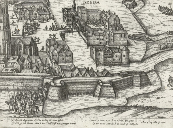 The Peat Ship of Breda, 1590, Series 10: Dutch and Foreign Events, 1587-1612, print, album page, Series number, 301, 469, 1590. States soldiers capture the castle of Breda, March 4, 1590. With caption of 2 lines in German and 2 lines in French. Numbered: 117., printmaker: workshop of Frans Hogenberg, Cologne, 1590 - 1592, North Rhine-Westphalia, paper, etching, height 210 mm x width 280 mm, capture of city (after the siege), Capture of Breda (1590), Breda, Period, 1590-03-04, A detailed black and white engraving shows a fortified riverside town with clustered buildings, gabled roofs, towers, and a large church with tall spires; stone walls, bastions, and ramparts surround parts of the settlement and extend into water channels where narrow bridges and quays connect islands of buildings; groups of armored riders and foot soldiers are assembled near gates and along streets, some on horseback and others carrying long spears or banners, while small boats with seated figures travel the water...