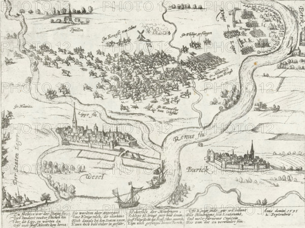 Defeat of the States Army at Wesel, 1595, Series 10: Dutch and Foreign Events, 1587-1612, print, album page, Series number, 325, 469, Defeat of the States Army at Wesel. Maurice's cavalry defeated by Mondragon's cavalry at Wesel, September 2, 1595. Count of Solms and Philip of Nassau are killed and Count Ernst of Nassau is taken prisoner. Wesel at the bottom, Rheinberg at the top. With a 16-line caption in German. Unnumbered., printmaker: workshop of Frans Hogenberg, Cologne, 1595 - 1597, North Rhine-Westphalia, paper, etching, height 210 mm x width 280 mm, Person, Philip Count of Nassau, Ernst (Count of Nassau), battle, fighting in general, Battle of Wesel, Rijnberg, Wesel, Period, 1595-09-02, A detailed black-and-white line drawing shows a winding river flowing through a landscape with towns on its banks, fortified walled settlements with clustered buildings and tall church steeples, and smaller hamlets. The river has boats with sails and flags near the shore. Open fields and patches...