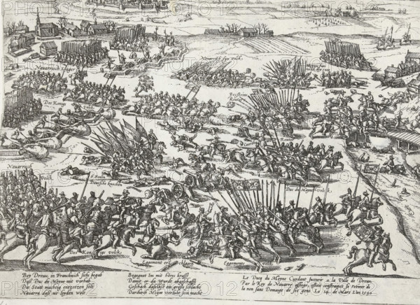 Battle of Ivry (Dreux), 1590, Series 4: French, German and English Events, 1576-1610, print, album page, Series number, 61, 469, View of the Battle of Ivry (Dreux), March 14, 1590. In the distance the walled city. With caption of 8 lines in German and 3 lines in French. Unnumbered., printmaker: workshop of Frans Hogenberg, Cologne, 1590 - 1612, North Rhine-Westphalia, paper, etching, height 215 mm x width 280 mm, Person, Henry IV (King of France and Navarre), battle, fighting in general, French Wars of Religion, Ivry, Dreux, Period, 1590-03-14, The image shows a detailed monochrome engraving of a large battle scene with many mounted soldiers, infantry formations carrying long pikes, groups of men operating cannons, and scattered fallen figures. There are multiple cavalry charges with riders brandishing lances or swords, tightly packed ranks of pikemen, and small detachments of soldiers clustered around wagons and artillery. The background includes simple buildings, fences, and open fie...