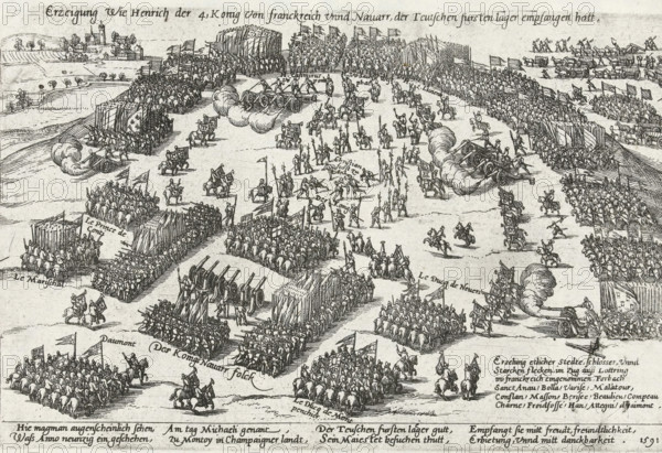 Depiction of how Henry IV, King of France and Navarre, received the German princely camp, Visit of Henry IV to the German army, 1591, Series 4: French, German and English Events, 1576-1610, print, album page, Series number, 67, 469, Reception of Henry IV and his troops at the German army, 1591. With an 8-line caption in German. Unnumbered., printmaker: workshop of Frans Hogenberg, Cologne, 1591 - 1612, North Rhine-Westphalia, paper, etching, height 215 mm x width 280 mm, Person, Henry IV (King of France and Navarre), French Wars of Religion, Period, A wide black-and-white engraving showing a large open battlefield crowded with formations of soldiers, cavalry, and artillery arranged in geometric blocks and lines, with groups of infantry carrying pikes or standards, rows of cannons emitting plumes of smoke, mounted riders and officers scattered across the plain, wagons and teams in the background, bundled stocks of pikes or stakes forming defensive works, and small clusters of buildings ...