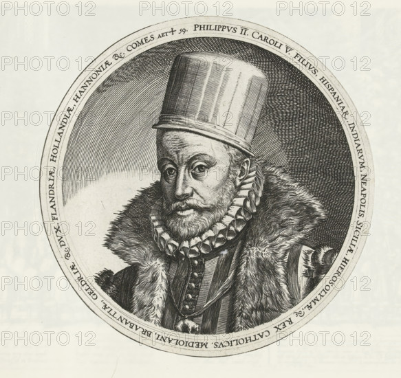 Philippus II, Portrait of Philip II, Series 2: Events in the Netherlands, 1555-1558, print, album page, Series number, 11, 469, Portrait of Philip II at the age of 59, bust facing left. Round print, cut out and pasted in., printmaker: workshop of Frans Hogenberg, Cologne, after print by Hieronymus Wierix, 1586 - 1587, Hieronymus Wierix, after print by, North Rhine-Westphalia, paper, engraving, diameter 185 mm, After the portrait by Hieronymus Wierix dated 1586 (Hollstein 2134). First used as an illustration in: Michael Aitsinger, Belgici leonis chorographia, das ist ein newe Landt Beschreibung des Belgiën Lewen, 1587., Person, Philip II of Spain, Eighty Years' War, An engraved oval portrait shows an older man with a tall cylindrical hat and a fur-lined cloak, his face detailed with lines, a full beard, and a curled mustache; he wears a ruffled collar and a buttoned garment beneath the fur, and the oval frame around him contains decorative hatch shading.