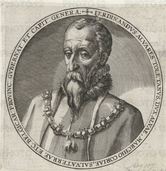 Portrait of the Duke of Alva, Series 5: Dutch Events, 1566-1570, print, album page, Series number, 107, 469, bust facing left, Order chain of the Golden Fleece around the neck., printmaker: workshop of Frans Hogenberg, Cologne, 1586 - 1587, North Rhine-Westphalia, paper, engraving, height 173 mm x width 170 mm, First used as an illustration in: Michael Aitsinger, Belgici leonis chorographia, das ist ein newe Landt Beschreibung des Belgischen Lewen, 1587., Person, Fernando Álvarez de Toledo (3rd Duke of Alba), Eighty Years' War, Period, 1567 - 1573, A detailed black and white engraved portrait shows the upper body and head of an older man facing slightly to one side, with a high forehead, wavy hair, and a long moustache and beard. He wears a ruffled collar and an ornate garment decorated with a heavy chain of linked elements and round medallions, from which hangs a pendant shaped like an animal head. The portrait is set within an oval frame that has patterned engraved backgrounds with d...