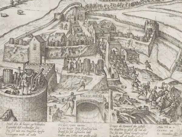 Liberation of Valenciennes, 1576, Series 7: Dutch Events, 1576-1577, print, album page, historical print, Series number, 118, 380?, November 10, 1576. Conquest of Valenciennes by the States Army and withdrawal of the Spaniards from the besieged castle of Valenciennes. With a 12-line caption in German. Numbered lower left: 118., printmaker: Frans Hogenberg, Cologne, 1577 - c. 1579, North Rhine-Westphalia, paper, etching, height 207 mm x width 272 mm, capture of city (after the siege), Inname van Valenciennes (1576), Valenciennes, Period, 1576-11-10, A detailed monochrome engraving of a walled town viewed from above showing stone curtain walls and round towers with battlements, inner streets lined with small pitched-roof buildings and rows of wheel-like objects, soldiers on the walls and bridge carrying pikes and shields, groups of figures operating cannons and other siege equipment, scaffolding and ladders against the walls, a river or moat surrounding sections of the fortifications, op...