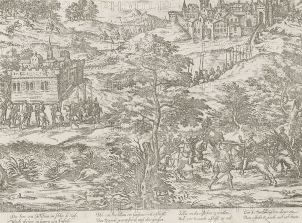 Castelnau comes to Amboise, 1560, Series 3: French Wars of Religion, 1559-1573, print, album page, historical print, Series number, 20, 380?, Michel de Castelnau discovers the Amboise plot, March 13-15, 1560. With an 8-line caption in German. Numbered lower left: 20., printmaker: Frans Hogenberg, Cologne, after print by Jacques Tortorel, 1567 - c. 1571, Jacques Tortorel, after print by, North Rhine-Westphalia, paper, etching, height 208 mm x width 280 mm, Person, Michel de Castelnau, Amboise, Château d'Amboise, Period, 1560-03, A detailed monochrome engraving shows a landscape with rolling hills, scattered trees, and water features. In the middle distance a fortified town with towers, walls, and clustered buildings sits atop a rise, connected by a bridge. Several groups of soldiers on horseback and on foot appear across the scene, some carrying long lances and banners, others clustered near a square, crenellated building with arched windows and a small church-like structure. In the for...