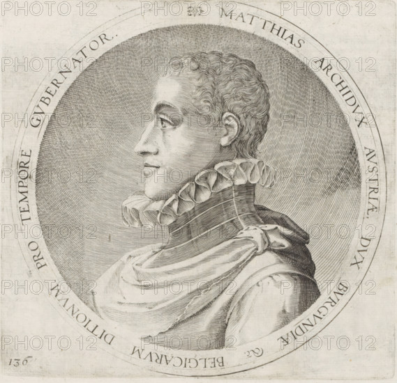Portrait of Emperor Matthias, Series 8: Dutch Events, 1577-1583, print, album page, Series number, 136, 380?, Portrait of Matthias of Austria, Governor in the Netherlands. Round portrait, bust facing left, with inscription in Latin. Numbered lower left: 136., printmaker: workshop of Frans Hogenberg, Cologne, 1581 - c. 1585, North Rhine-Westphalia, paper, engraving, height 186 mm x width 193 mm, Person, Matthias of Austria (Holy Roman Emperor), Eighty Years' War, Period, 1578, A detailed black and white engraved portrait shows a person in profile facing left inside a circular frame, with closely hatched shading filling the circular background. The person has short, wavy hair rendered with fine curved lines, a prominent brow and nose, a visible ear with inner contours, and a slightly smiling mouth. They wear a high, pleated ruff collar with multiple rounded folds and a layered garment with draped fabric and visible stitching or seams, all depicted with parallel and cross-hatched lines. T...