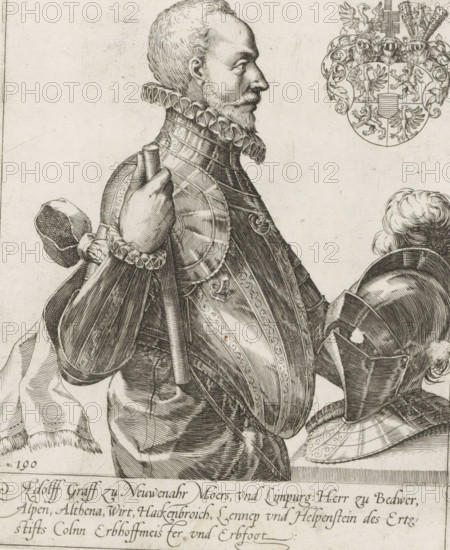 Portrait of Adolf, Count of Nieuwenaar and Meurs, Series 9: Dutch and German Events, 1583-1587, print, album page, Series number, 190, 380?, Count of Nieuwenaar and Meurs. Standing, half-length, profile to the right, helmet on table. His coat of arms in the upper right. With a 3-line caption in German. Numbered in the lower left: 190., printmaker: workshop of Frans Hogenberg, Cologne, 1584 - 1620, North Rhine-Westphalia, paper, engraving, height 210 mm x width 172 mm, Person, Adolf Count of Nieuwenaar and Meurs, Cologne War, Period, 1584, A detailed black and white engraved portrait of a man in profile wearing ornate armor and a ruffled collar, his head turned to the right with a short beard and mustache, one hand resting on a staff and the other holding a helmet; the armor shows decorative etching and layered plates, and a second helmet with a plume sits nearby on a surface; in the upper right is a decorative coat of arms with heraldic animals and elaborate mantling, and at the bottom...