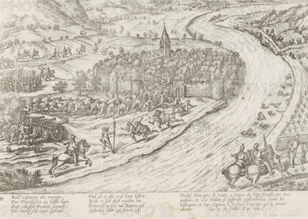 Unkel attacked, 1583, Series 9: Dutch and German Events, 1583-1587, print, album page, historical print, Series number, 191, 380?, Attack on the city of Unkel on the Rhine, July 21, 1583. Episode from the Cologne War. With caption of 8 lines in German and 4 lines in French. Numbered lower left: 191., printmaker: Frans Hogenberg, Cologne, 1587 - c. 1591, North Rhine-Westphalia, paper, etching, height 199 mm x width 283 mm, Person, Gebhard Truchsess von Waldburg, siege, position war, Cologne War, Unkel, Period, 1583-07-21, A detailed pen-and-ink scene shows a walled town with clustered houses and a tall church steeple near a winding river, surrounded by fields and hills. Outside the walls, groups of soldiers march and engage in combat; some soldiers carry long spears or pikes while others fire or brace cannons positioned on the foreground. Horsemen ride along paths and officers on horseback appear to direct troops. At the town gate, figures climb and push against the walls. Trees and sma...