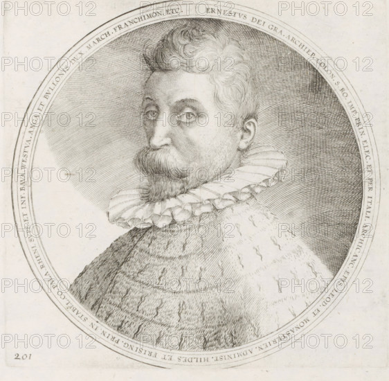 Portrait of Ernst of Bavaria, Series 9: Dutch and German Events, 1583-1587, print, album page, Series number, 201, 380?, Prince-Bishop of Liège and Bishop of Cologne, ca. 1583. Round portrait, bust facing left. With inscription in Latin around the edge. Numbered lower left: 201., printmaker: workshop of Frans Hogenberg, Cologne, 1583 - 1620, North Rhine-Westphalia, paper, engraving, height 180 mm x width 188 mm, Person, Ernst of Bavaria (Prince-Bishop of Liège), Cologne War, Period, 1583, A detailed engraved portrait of a man shown in an oval frame, visible from the shoulders up, with curly hair, a pointed beard and mustache, and a high ruffled collar; fine parallel and crosshatched lines create shading on his face, hair, collar, and the surrounding background, and the oval frame is set within a larger rectangular sheet.
