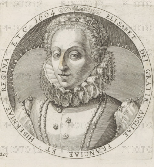 Portrait of Queen Elizabeth I, Series 4: French, German and English Events, 1576-1610, print, album page, Series number, 207, 380?, Portrait of Queen Elizabeth I of England, ca. 1587. Round portrait, bust facing left. With inscription in Latin around the edge. Numbered lower left: 207., printmaker: workshop of Frans Hogenberg, Cologne, 1604, North Rhine-Westphalia, paper, engraving, height 175 mm x width 175 mm, Person, Elizabeth I Tudor (Queen of England), Period, 1587, A detailed engraved portrait of a woman shown from the chest up inside a circular frame, wearing an ornate high ruffled collar and layered garments decorated with strands of beads and floral-shaped buttons; her hair is styled in tight curls with a decorative headband, and she has a composed facial expression with prominent eyes and a slightly curved mouth; the background within the circular frame features finely hatched shading and radiating line patterns, and the outer margin of the image shows a pale textured paper w...