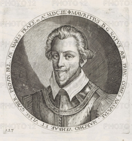 Portrait of Maurits, Series 9: Dutch and German Events, 1583-1587, print, album page, Series number, 227, 380?, Prince of Orange, ca. 1585. Round portrait, bust slightly to the left. With inscription in Latin around the edge. Numbered lower left: 227., printmaker: workshop of Frans Hogenberg, Cologne, 1603, North Rhine-Westphalia, paper, engraving, height 175 mm x width 175 mm, Person, Maurice (Prince of Orange), Eighty Years' War, Period, 1585, A finely detailed engraved portrait of a man shown from the chest up within a circular frame, featuring short wavy hair, a trimmed beard and mustache, and a calm facial expression with slightly raised eyebrows and direct gaze; he wears a high collared shirt, a decorative necktie, and ornate armor or ceremonial garment with patterned straps and rivets, all rendered with dense engraved lines and crosshatching, while the circular background displays concentric engraved textures and a plain outer border against a light paper surface.