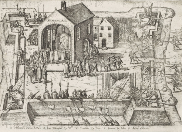 Parma and the Papal Envoy at Gnadental, 1586, Series 9: Dutch and German Events, 1583-1587, print, album page, historical print, Series number, 240, 380?, The Duke of Parma is praised by the Papal Envoy for his merits, scene in a church at Gnadental near Neuss, August 1, 1586. Episode from the Cologne War. With only the explanation of the letters AD as a caption in the plate. Numbered lower left: 240., printmaker: Frans Hogenberg, Cologne, 1587 - c. 1591, North Rhine-Westphalia, paper, etching, height 198 mm x width 260 mm, Person, Alessandro Farnese (Governor of the Netherlands and Duke of Parma and Piacenza), Cologne War, Neuss, Gnadental, Period, 1586-08-01, A detailed black and white engraving shows a fortified scene with walls, bastions, and cannons firing smoke and projectiles. Within the fortification there is a church-like building with an open arched interior where a group of robed figures gather around an altar and a clergyman, and nearby other robed and uniformed figures sta...