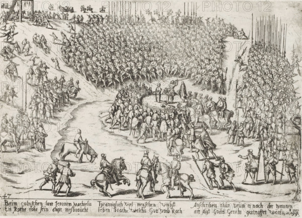 Execution of Hieronymus Michiels in Cologne, 1587, Series 10: Dutch and Foreign Events, 1587-1612, print, album page, Series number, 247, 380?, Execution of Hieronymus Michiels (Jeronim Machielis) in Cologne, August 21, 1587. Michiels kneels on the scaffold to be beheaded. Surrounding him is a large group of soldiers and other spectators. With a 6-line caption in German. Numbered: 247., printmaker: workshop of Frans Hogenberg, Cologne, 1587 - c. 1591, North Rhine-Westphalia, paper, etching, height 183 mm x width 259 mm, Person, Hieronymus Michiels, violent death by beheading, Cologne War, Period, 1587-08-21, A large etched scene shows many small figures gathered in formations across an open area, with groups of standing soldiers holding long pikes and clustered densely on both sides, a round raised platform in the center with three figures standing on it surrounded by a ring of people, mounted riders and men on foot positioned in the foreground moving toward the center, a river or path...