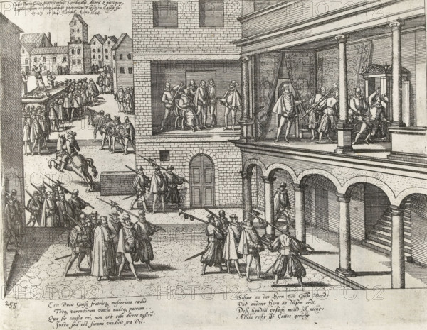 Murder of the de Guise brothers, 1588, Series 4: French, German and English Events, 1576-1610, print, album page, Series number, 255, 380?, Murder of the de Guise brothers at Blois, December 23 and 24, 1588. In the background, the perpetrators are being executed, accompanied by an inscription in Latin. With a caption of 4 lines in Latin and 4 lines in German and a legend in French. Numbered lower left: 255., printmaker: Frans Hogenberg, Cologne, 1589 - c. 1593, North Rhine-Westphalia, paper, etching, height 215 mm x width 280 mm, Person, Henry I of Lorraine (Duke de Guise), Louis II of Lorraine, attempt, political murder, French Wars of Religion, Blois, Period, 1588-12-23, 1588-12-24, A detailed engraved scene shows a courtyard and colonnaded building with multiple levels and arched openings, populated by many figures in period clothing and soldiers with spears and muskets. On a raised exterior gallery a group of men surround a seated figure while others stand by a fabric backdrop and ...