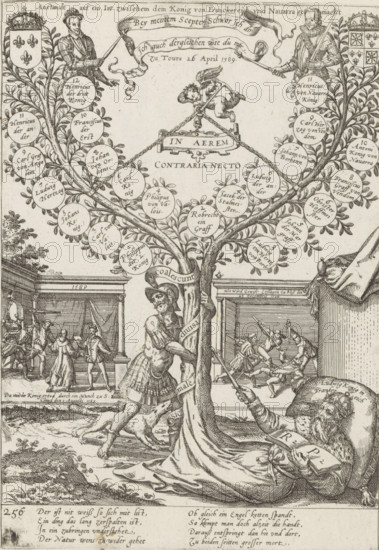 Anstandt auf ein Jar zwischem dem Koning von Franckereich und Navarra gemacht zu Tours 26 April 1589, Genealogy with branches of Valois and Bourbon, 1589, Series 4: French, German and English Events, 1576-1610, print, album page, historical print, Series number, 256, 380?, Genealogy of the two royal dynasties of the House of Valois and the House of Bourbon, sprouting from the body of the French King Louis lying on the ground. At the ends of the branches Henry III of Valois and Henry II of Navarre. An angel tries to hold the two diverging branches together, a soldier tries to pull the two trunks apart. In the background, depictions of the assassination of Henry III (1589) and the assassination of the Duke of Guise (1588). Following a settlement on April 26, in Tours. With an 8-line caption in German. Numbered lower left: 256., printmaker: Frans Hogenberg, Cologne, 1589 - c. 1593, North Rhine-Westphalia, paper, etching, height 250 mm x width 175 mm, Person, Henry III (King of France), He...