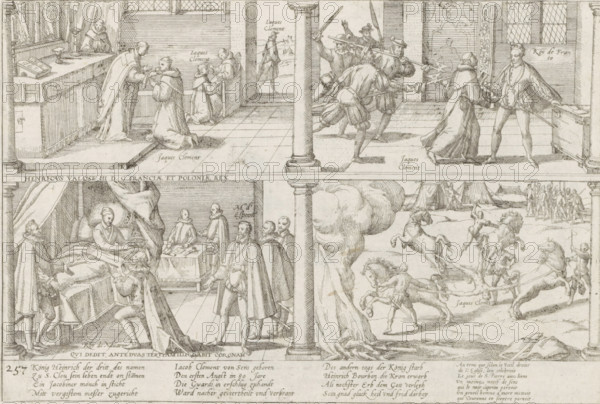 Murder of Henry III, 1589, Series 4: French, German and English Events, 1576-1610, print, album page, historical print, Series number, 257, 380?, Murder of King Henry III by the monk Jacques Clément in four consecutive scenes separated by columns: Clément takes Eucharist and confesses, murder of the king, coronation of Henry of Navarre, Clément's body is quartered. With caption of 12 lines in German and 7 lines in French. Numbered bottom left: 257., printmaker: workshop of Frans Hogenberg, Cologne, 1589 - 1591, Frans Hogenberg, printmaker, North Rhine-Westphalia, paper, etching, height 215 mm x width 280 mm, Person, Henry IV (King of France and Navarre), Henry III (King of France), Jacques Clément, attempt, political murder, coronation of a ruler, violent death by quartering, French Wars of Religion, Period, An engraved sheet divided into framed scenes shows interior and exterior settings with human figures in period dress engaged in varied actions; in the upper left a clergyman stands...