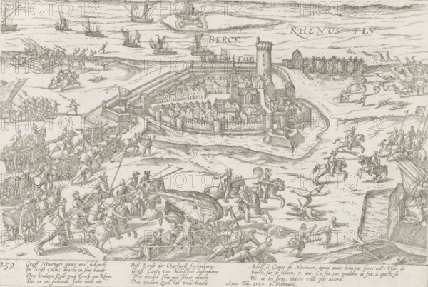 Rheinberg surrenders to the Spaniards, 1590, Series 10: Dutch and Foreign Events, 1587-1612, print, album page, historical print, Series number, 259, 380?, February 3, 1590. Episode from the Cologne War. With caption of 8 lines in German and 3 lines in French. Numbered bottom left: 259., printmaker: workshop of Frans Hogenberg, Cologne, 1590 - 1592, North Rhine-Westphalia, paper, etching, height 191 mm x width 282 mm, capture of city (after the siege), Cologne War, Rijnberg, Period, 1590-02-03, A detailed monochrome engraving showing a walled town on an island with clustered buildings, a tall round tower, a church with a steeple, and surrounding fortifications; water around the island contains multiple sailing ships and smaller boats; outside the town there are ramparts, soldiers, and groups of armed figures engaged in activity, including mounted riders with lances, foot soldiers carrying pikes, and men operating wheeled artillery and wagons drawn by horses; figures lie on the ground a...