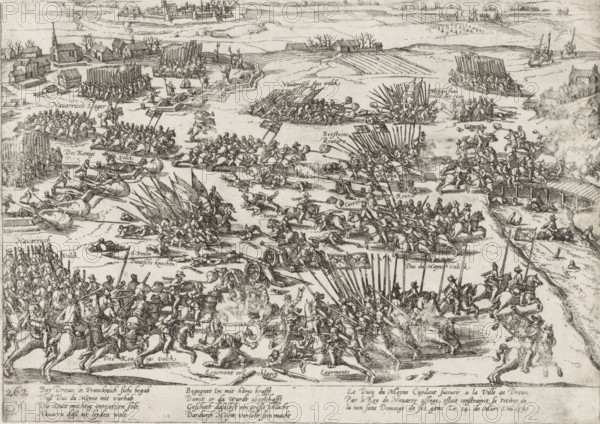 Battle of Ivry (Dreux), 1590, Series 4: French, German and English Events, 1576-1610, print, album page, historical print, Series number, 262, 380?, View of the Battle of Ivry (Dreux), March 14, 1590. In the distance the walled city. With caption of 8 lines in German and 3 lines in French. Numbered bottom left: 262., printmaker: workshop of Frans Hogenberg, Cologne, 1590 - 1612, North Rhine-Westphalia, paper, etching, height 193 mm x width 269 mm, Person, Henry IV (King of France and Navarre), battle, fighting in general, French Wars of Religion, Ivry, Dreux, Period, 1590-03-14, A densely detailed black and white engraving showing a large battlefield scene with many rows of infantry holding long pikes, cavalry charging on horseback, and scattered fallen soldiers; cannons with smoke emerge from emplacements while figures rush to and from them; groups of soldiers form organized blocks behind raised shields and standards, and smaller clusters skirmish across open ground; in the background...