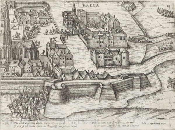Turfschip van Breda, 1590, Series 10: Dutch and Foreign Events, 1587-1612, print, album page, historical print, Series number, 263, 380?, The peat ship of Breda, 1590. States soldiers seize the castle of Breda, March 4, 1590. With caption of 2 lines in German and 2 lines in French. Numbered bottom left: 263., printmaker: workshop of Frans Hogenberg, Cologne, 1590 - 1612, North Rhine-Westphalia, paper, etching, height 199 mm x width 260 mm, capture of city (after the siege), Inname van Breda (1590), Breda, Period, 1590-03-04, A detailed monochrome engraving showing a fortified town with stone walls and bastions bordering a body of water, a cluster of multi-story buildings with pitched roofs and gabled facades, and a large church with a tall ornate tower. Figures in period dress and armor appear on horseback and on foot in groups in the streets and on bridges, some carrying long spears, while others stand or gesture. Several rectangular and towered stone structures sit surrounded by wate...