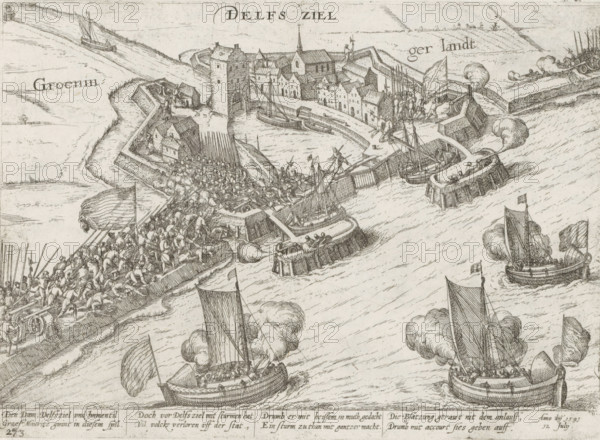 Capture of Delfzijl by Maurits, 1591, Series 10: Dutch and Foreign Events, 1587-1612, print, album page, historical print, Series number, 273, 380?, Capture of Delfzijl by Prince Maurits, July 12 (July 1 according to the new era) 1591. The depiction shows a storming of the city that never actually took place: the city surrendered to the prince without a fight. With an 8-line caption in German. Numbered bottom left: 273., printmaker: workshop of Frans Hogenberg, Cologne, 1591 - 1593, North Rhine-Westphalia, paper, etching, height 192 mm x width 267 mm, Person, Maurice (Prince of Orange), battle, fighting in general, Capture of Delfzijl, Delfzijl, Period, 1591-07-12, 1591-07-01, A detailed ink drawing of a fortified town seen from above and across water, showing walls, towers, clustered buildings, and a church with a steeple, with narrow docks and small boats moored alongside. Soldiers and figures are visible on the ramparts and streets, some carrying long pikes or banners and others clu...