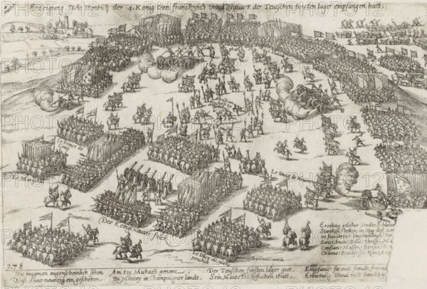 Visit of Henry IV to the German army, 1591, Erzeigung Wie Henrich der 4, Konig von Franckreich unnd Navarr, der teutschen fursten lager empfangen hatt, Series 4: French, German and English Events, 1576-1610, print, album page, historical print, Series number, 278, 380?, Reception of Henry IV and his troops at the German army, 1591. With an 8-line caption in German. Numbered bottom left: 278., printmaker: workshop of Frans Hogenberg, Cologne, 1591 - 1593, North Rhine-Westphalia, paper, etching, height 170 mm x width 262 mm, The copper plate used to print the image was damaged bottom right., Person, Henry IV (King of France and Navarre), French Wars of Religion, Period, A wide horizontal engraving showing a large organized military scene with many groups of soldiers arranged in rows and formations across an open plain, dozens of cannons emitting clouds of smoke, numerous mounted horsemen and infantry carrying spears and flags, wooden palisades and stacked pikes forming defensive squares,...