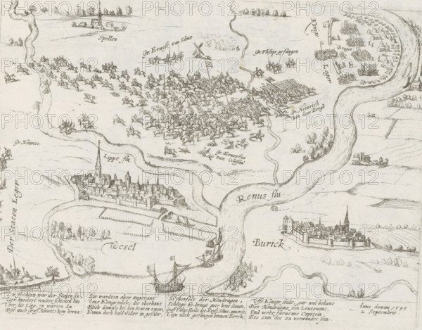 Defeat of the States Army at Wesel, 1595, Series 10: Dutch and Foreign Events, 1587-1612, print, album page, Series number, 312, 380?, Defeat of the States Army at Wesel. Maurice's cavalry defeated by Mondragon's cavalry at Wesel, September 2, 1595. Count of Solms and Philip of Nassau are killed and Count Ernst of Nassau is taken prisoner. Wesel at the bottom, Rheinberg at the top. With a 16-line caption in German. Numbered bottom left: 312., printmaker: workshop of Frans Hogenberg, Cologne, 1595 - 1597, North Rhine-Westphalia, paper, etching, height 193 mm x width 259 mm, Person, Philip Count of Nassau, Ernst (Count of Nassau), battle, fighting in general, Battle of Wesel, Rijnberg, Wesel, Period, 1595-09-02, A detailed pen drawing shows winding rivers flowing past fortified towns with clustered buildings and tall church spires, small sailing ships on the water, and scattered trees and fields; groups of mounted soldiers and infantry are engaged across open ground with banners and spea...