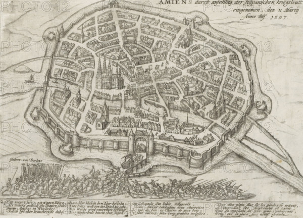 Amiens conquered by ruse, 1597, Amiens durch anschlag der Hispanischen kriegsleutt eingenomen, den 11 Martij Anno domini 1597, Series 4: French, German and English Events, 1576-1610, print, album page, Series number, 324, 380?, Conquest of Amiens by the Spaniards by a ruse with a peasant wagon, March 11, 1597. In the foreground, the Spanish army enters the city through the gate. With a caption of 8 lines in German and 8 lines in French. Numbered bottom left: 324., printmaker: workshop of Frans Hogenberg, Cologne, 1597 - 1599, North Rhine-Westphalia, paper, etching, height 293 mm x width 268 mm, capture of city (after the siege), French Wars of Religion, Amiens, Period, 1597-03-11, A detailed bird’s-eye pen-and-ink view of a walled town with irregular streets and tightly packed buildings, showing towers, steeples, and larger church-like structures rising above rows of houses; defensive walls with rounded bastions and gatehouses surround the settlement, with bridges and waterways leading...