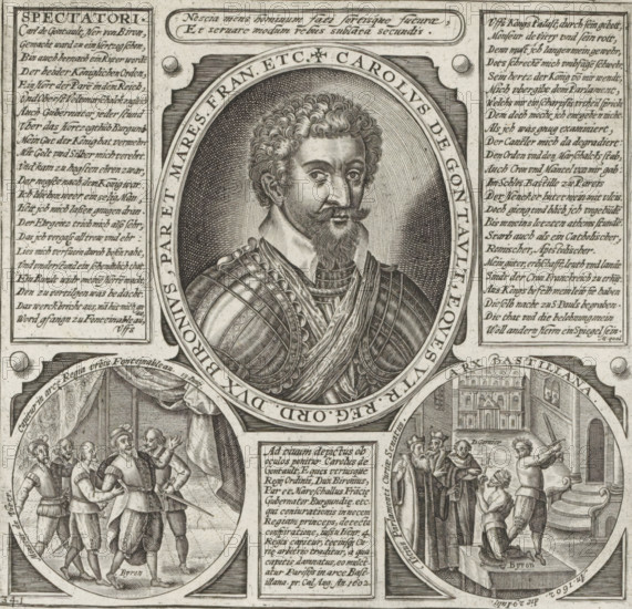 Portrait and execution of Charles de Gontault, Duke of Biron, 1602, Series 4: French, German and English Events, 1576-1610, print, album page, Series number, 341, 380?, Portrait and two scenes from the execution of Charles de Gontault, July 29, 1602. Oval portrait, bust facing right, below in two medallions the capture and the beheading of the Duke. Between these four cartouches with texts in German, French and Latin. Numbered bottom left: 341., printmaker: workshop of Frans Hogenberg, Cologne, 1602 - 1604, North Rhine-Westphalia, paper, engraving, height 181 mm x width 190 mm, Person, Charles de Gontault (Duke of Biron), violent death by beheading, French Wars of Religion, Period, 1602-07-20, A detailed engraved portrait shows a man with curly hair, a mustache and a pointed beard wearing ornate armor and layered clothing within an oval frame, flanked by columns of text on both sides; below the portrait are two circular scenes depicting groups of men, one scene showing several men stan...