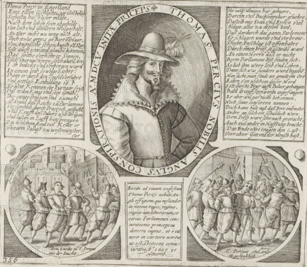 Portrait of Thomas Percy, Series 10: Dutch and Foreign Events, 1587-1612, print, album page, Series number, 356, 380?, November 15, 1605. Half-length portrait facing left, in an oval, at the bottom two medallions with scenes of the capture of himself and his servant for the Gunpowder Plot. Between these three cartouches with texts in German and Latin. Numbered bottom left: 356., printmaker: workshop of Frans Hogenberg, Cologne, 1605 - 1607, North Rhine-Westphalia, paper, engraving, gravure, height 170 mm x width 200 mm, Person, Thomas Percy, Gunpowder Treason, England, Period, 1605-11, A detailed engraved portrait of a man shown from the waist up within an oval frame wearing a wide-brimmed hat adorned with a feather and a decorative band, a lace-trimmed collar, a fitted doublet with visible seams and buttons, and a moustache with a pointed goatee, surrounded by decorative hatch shading; flanking the central oval are rectangular panels filled with handwritten script; below the portrait ...