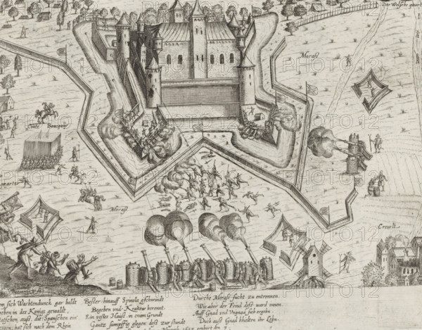 Krakow Castle captured, 1605, Series 10: Dutch and Foreign Events, 1587-1612, print, album page, Series number, 357, 380?, Krakow Castle (Burcht Krakau) near Krefeld besieged (from November 4) and captured for Spinola by the troops under the Count of Bucquoy, November 7, 1605. With a 13-line caption in German. Numbered bottom left: 357., printmaker: workshop of Frans Hogenberg, Cologne, 1605 - 1607, North Rhine-Westphalia, paper, etching, height 212 mm x width 279 mm, Person, Karel Bonaventura van Longueval (Count of Bucquoy), Ambrogio Spinola (Marquis de los Balbases), siege, position war, Capture of Krakow Castle, Krefeld, Krakow Castle, Period, 1605-11-04, A detailed monochrome engraving showing a fortified castle with tall towers and battlements surrounded by angled earthworks and moats, small figures of soldiers engaged in combat on and around the walls with plumes of smoke rising from gunfire, rows of cannons on carriage firing toward the fortress with visible recoil and smoke cl...