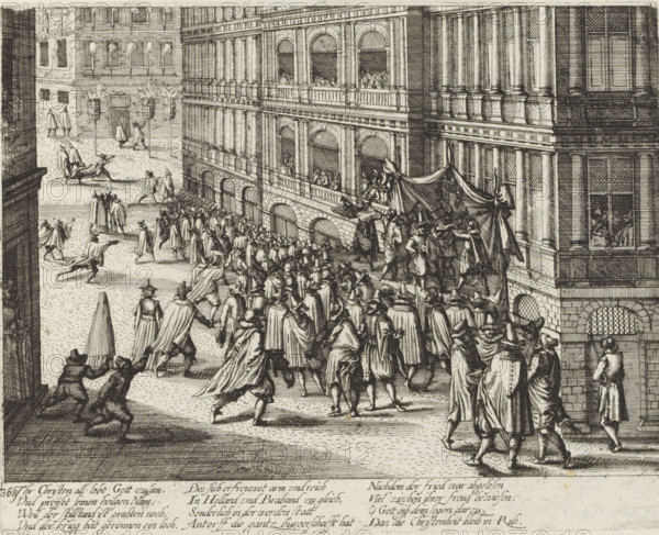Proclamation of the Twelve Years' Truce in Antwerp, 1609, Series 10: Dutch and Foreign Events, 1587-1612, print, album page, Series number, 368, 380?, Proclamation of the Twelve Years' Truce in front of the City Hall in Antwerp, April 14, 1609. Bonfires are lit in the streets. With a 12-line caption in German. Numbered bottom left: 368., printmaker: workshop of Frans Hogenberg, Cologne, 1609 - 1611, North Rhine-Westphalia, paper, etching, height 205 mm x width 257 mm, festivities on events of national importance, proclamation of peace, decoration and illumination of streets, squares, etc. (, triumphal entry, etc.), Twelve Years' Truce, Antwerp, City Hall (Antwerp), Period, 1609-04-14, A densely detailed black and white engraving showing a busy street scene in front of a grand multi-story building with rows of arched windows and balustraded balconies. A large crowd of people wearing historical clothing and wide-brimmed hats fills the street, some walking, some gesturing or turning towar...