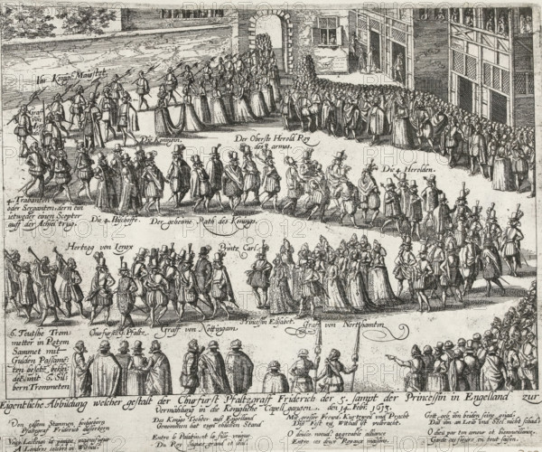 Wedding procession for Count Palatine Frederick V and Princess Elizabeth of England, 1613, Actual illustration of the figure of the Count Palatine Frederick V on the 5th of the Princess in England for the wedding in the Royal Chapel on February 14, Series 11: Varia Foreign Events, 1571-1631, print, album page, Series number, 383, 380?, Wedding procession in London of Count Palatine Frederick V and Princess Elizabeth of England, February 14, 1613. With caption of 8 lines in German and 8 lines in French. Numbered in pen in the lower right corner: 383., inscription: '383', printmaker: workshop of Frans Hogenberg, Cologne, 1613 - 1615, North Rhine-Westphalia, paper, etching, height 212 mm x width 263 mm, Person, Frederick V (Elector Palatine, King of Bohemia), Elizabeth Stuart (Electress Palatine, Queen of Bohemia), (civil) marriage ceremonies, public festivities at marriage of royal persons, London, Period, 1613-02-14, A detailed black and white engraved scene showing a large formal proce...