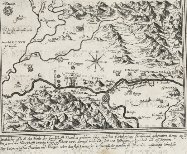 Map of Friuli, 1617, Eigentlicher Abriss des theils der landschafft Friaul, Series 11: Varia Buitenlandse Gebeurtenissen, 1571-1631, print, album page, map, Series number, 386, 380?, Map of the region of Friuli, around the city of Gradisca, July 1, 1617. In the caption, the title in 3 lines in German. Numbered in pen in the lower right corner: 386., inscription: '386', printmaker: workshop of Frans Hogenberg, Cologne, North Rhine-Westphalia, paper, etching, height 202 mm x width 222 mm, maps of separate countries or regions, Friuli-Venezia Giulia, Gradisca, Period, 1617-07-01, A detailed black and white engraved map showing winding rivers, stylized mountain ranges, and scattered small fortress-like town icons, with numerous handwritten labels beside features; a decorative compass rose sits near the center, small star-shaped emblems mark certain locations, and various flags and banner symbols appear by specific sites; the map is bordered and above a wide band of cursive descriptive text...