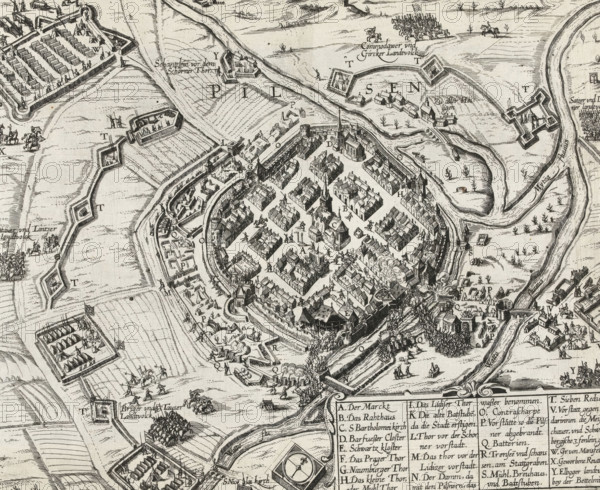 Siege of Pilsen, 1619, Series 11: Miscellaneous Foreign Events, 1571-1631, print, album page, Series number, 389, 380?, November 1619. Without caption, with legend AY. Numbered in pen in the lower right: 389., inscription: '389', printmaker: workshop of Frans Hogenberg, Cologne, 1619 - 1621, North Rhine-Westphalia, paper, etching, height 246 mm x width 297 mm, siege, position war, West Bohemia, Pilsen, Period, 1619-11, A detailed black and white engraving of a walled town with densely packed buildings, streets forming a grid, churches with tall steeples, towers and ramparts, and battlements along the town wall; surrounding the town are fields, meandering rivers, fortified earthworks and detached star-shaped forts, small groups of mounted and foot soldiers, tents and encampments, scattered trees and shrubs, and various siege works; there are small scenes of people engaged in activities such as marching, riding, and working, and clusters of smoke and cannon fire near parts of the wall; a...
