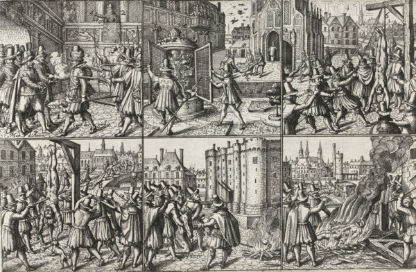 Murder of the Maréchal d'Ancre in Paris, 1617, Series 11: Miscellaneous Foreign Events, 1571-1631, print, album page, Series number, 390, 380?, Murder of Concino Concini, the Maréchal d'Ancre in Paris, April 24, 1617. In six scenes the murder and mutilations. Without caption. Numbered in pen at the bottom right: 390., inscription: '390', printmaker: workshop of Frans Hogenberg, Cologne, printmaker: Giridon, 1617 - 1619, North Rhine-Westphalia, paper, etching, height 182 mm x width 282 mm, Person, Concino Concini, violent death, being killed, being mishandled and maltreated, seeking death, Paris, Period, 1617-04-24, A densely detailed black and white engraving divided into panels shows numerous figures in period clothing engaged in various public scenes. In the upper row, people with hats and cloaks gather around an interior space where muskets are fired and a large cauldron is shown being tended behind open doors, while other figures drag or restrain individuals near architectural faca...